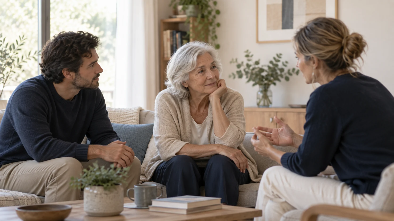 Familia conversando y escuchándose en un entorno cotidiano