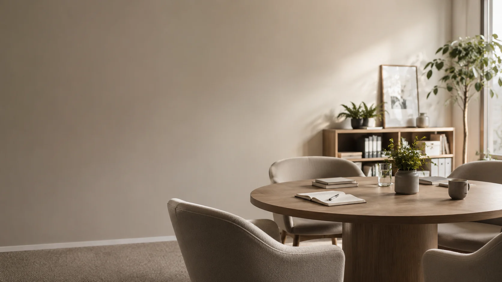 Espacio tranquilo con mesa, cuadernos y materiales para consultar información