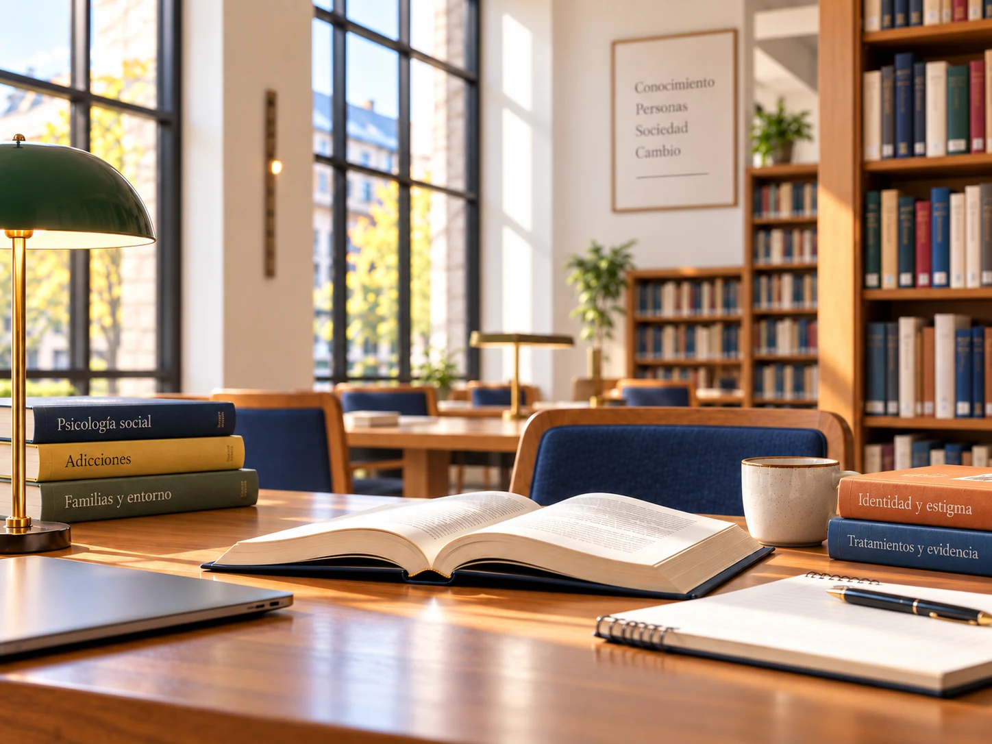 Biblioteca universitaria luminosa con libros sobre psicología social, adicciones, familias, identidad y tratamientos